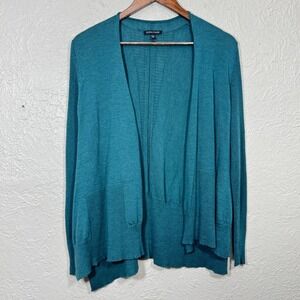 Eileen Fisher Cardigan Small 100% Merino Wool Teal Open Ribbed Sweater Old Money